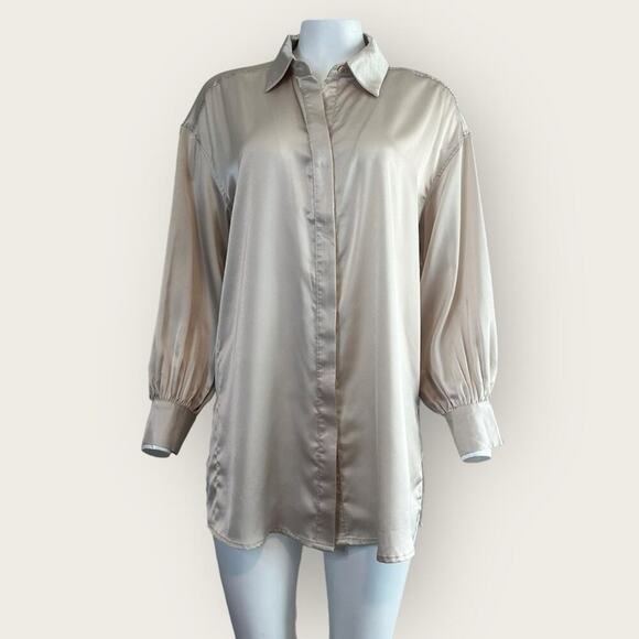 Lulus | Satin Poplin Button Down Blouse | Champaign | Small - Picture 1 of 14